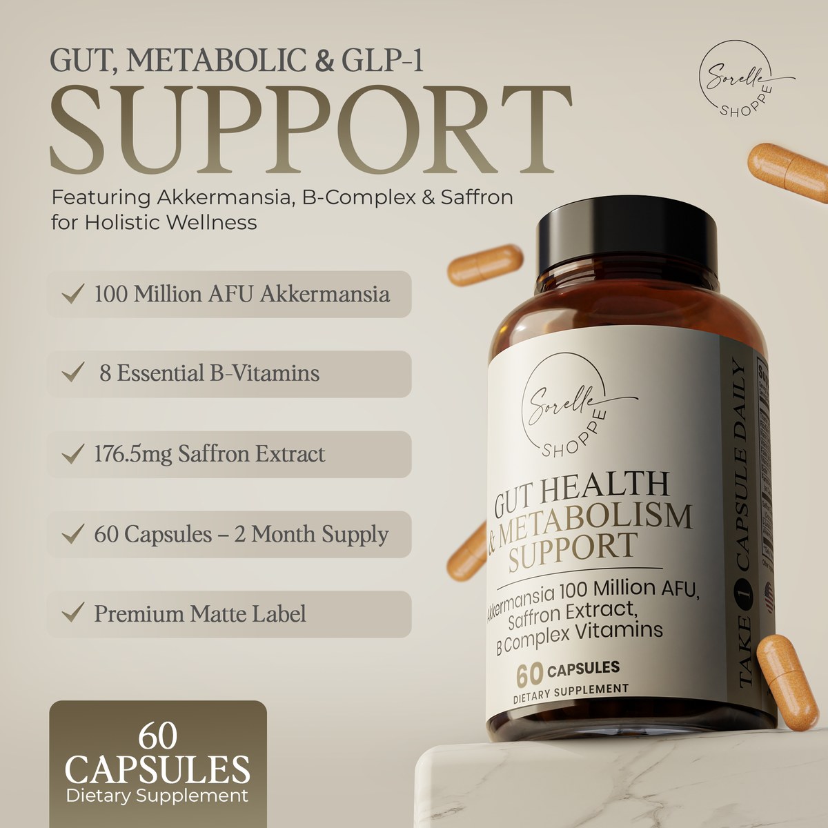 Gut, metabolic and GLP-1 support — Akkermansia, B-complex and saffron, 60 capsules, 2-month supply